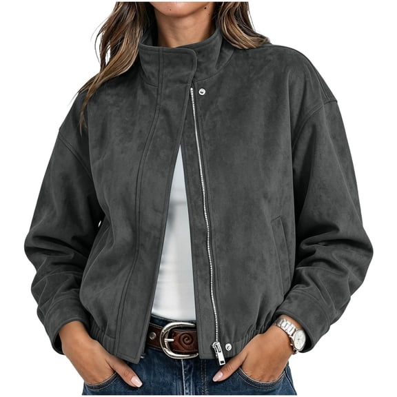 uublik Faux Suede Jackets Women Gray Long Sleeve Casual Zip Up Coat Trendy Fall Clothes
