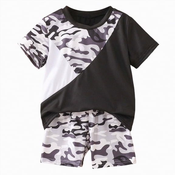 mgoYE Toddler Clothes for Boys Toddler Boy Summer Clothes Outfits Kids Colorblock Short Sleeve T-shirt Shorts Set 2-7 Years(Black,5-6 Years)
