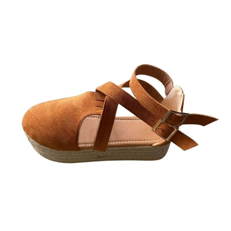 

iOPQO Women s sandals Women s Casual Solid Color Slope Heel Side Hollow Buckle Fashion Sandals Casual Solid Color Wedge Brown 42