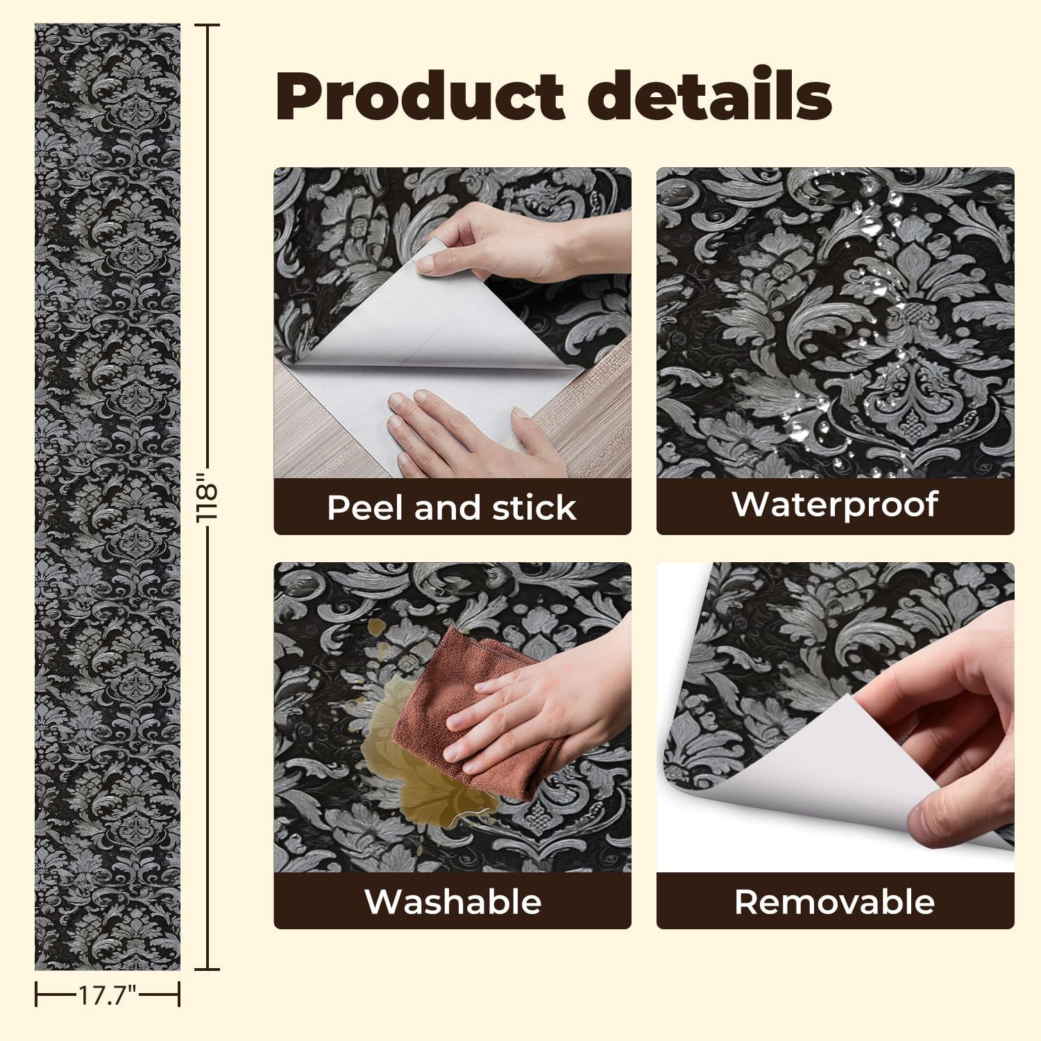 Vintage Peel and Stick Wallpaper 17.7in x 9.8ft Elegant Black Silver Damask Floral Embellishments Contact Paper Vinyl Waterproof Self Adhesive Wall Paper for Bedroom Shelf Cabinet