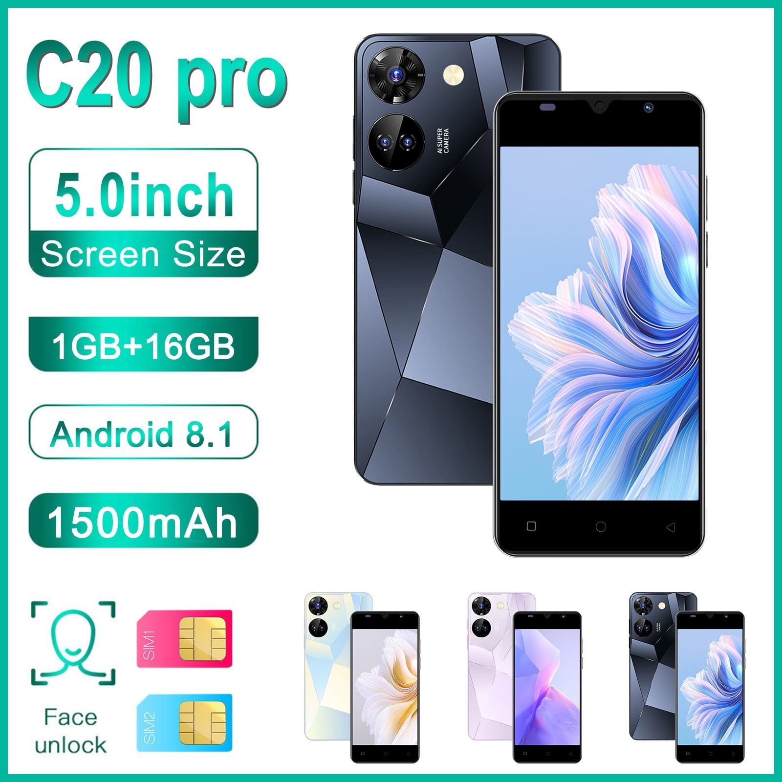 AZXY C20pro 16GB Unlocked Cell Phones for Cheap,Android Phones, 5inch Smartphone Cell Phones for Seniors,Black
