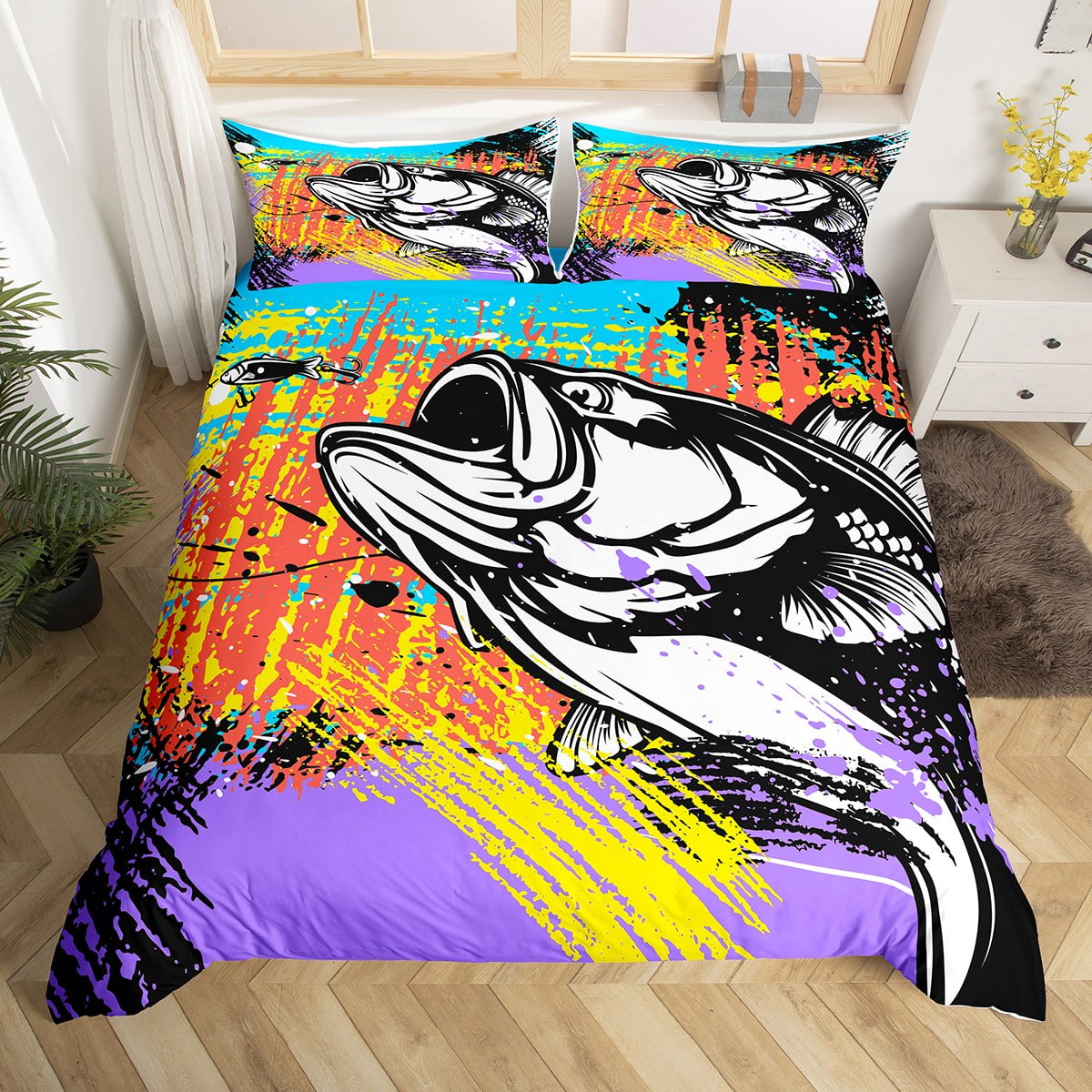 Cartoon Bass Fish Duvet Cover Full Marine Animal Bedding Set for Kids