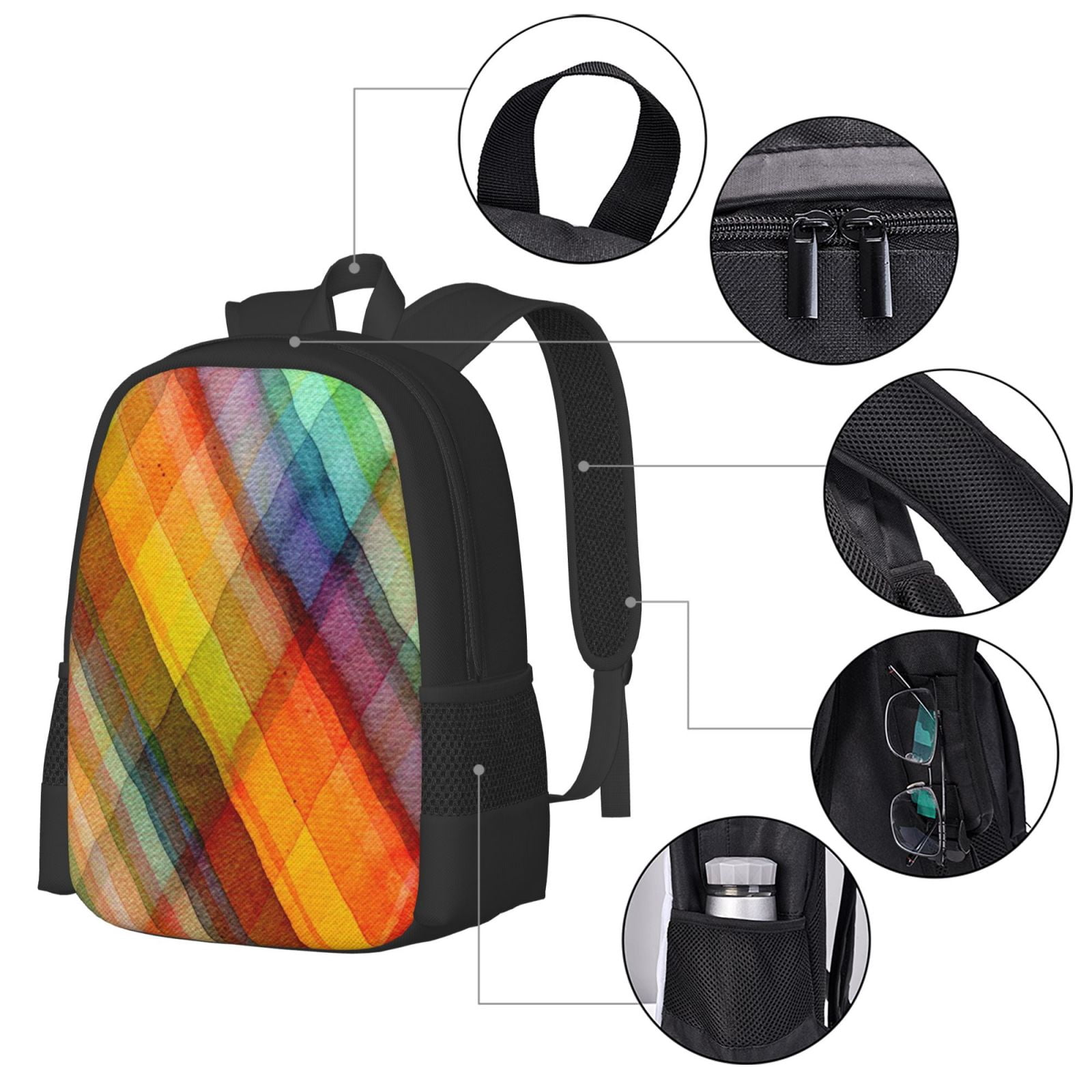 Saiise Abstract Watercolors Tartan Print Backpack Large Capacity