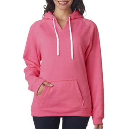 J America J8836 Ladies Brushed V-Neck Hooded Fleece - Neon Pink, Medium