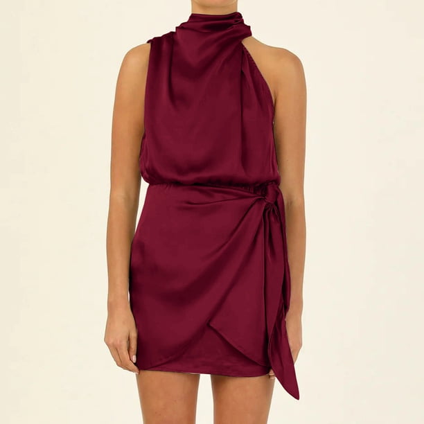 Vestido Corto De Satén Mini vestidos de mujer sin mangas con cuello simulado vestido de línea A para cóctel (rojo vino L) Cgtredaw Para estrenar