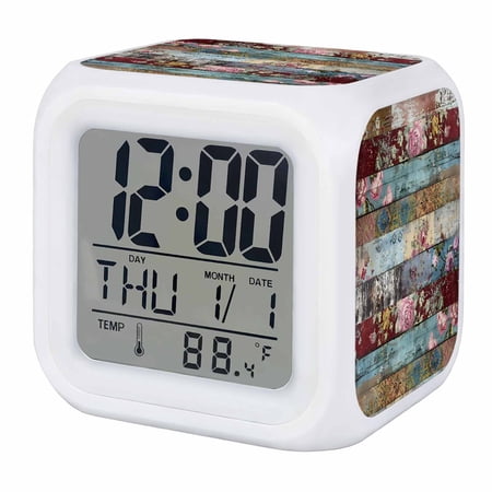 Vintage Flower Digital Alarm Clock for Bedrooms, Smart LED Alarm Clock with 7 Color Changing Night Light, Retro Botanical Floral Wooden Silent Wake Up Clocks for Sleep Study Cooking 3.2x3.2