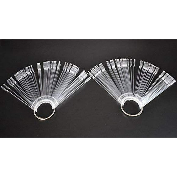 2 Sets 100 Tips Fan Shape Transparent Plastic Nail Art Tips Display Polish Board Display Practice Sticks with Metal Split Ring Holder