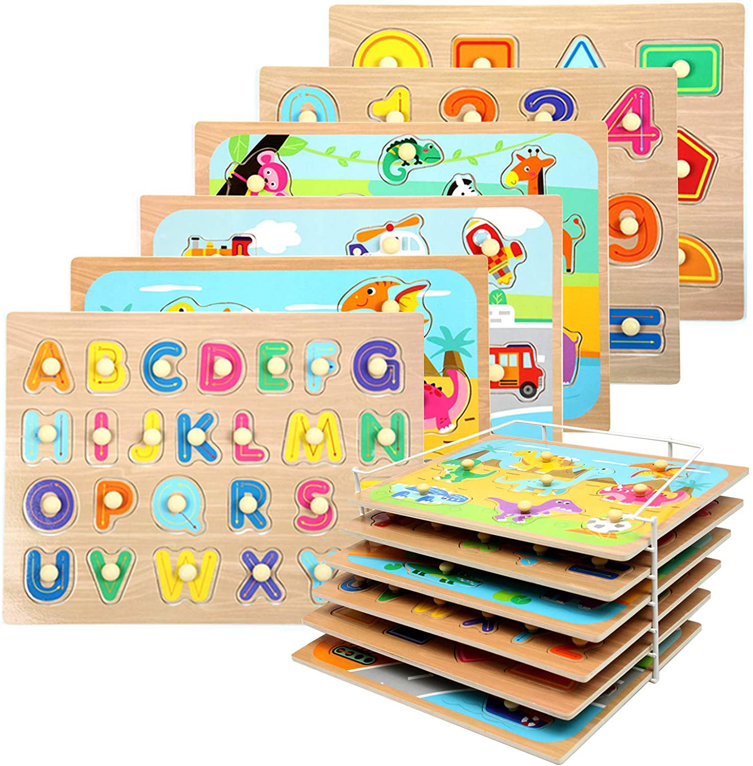 Multi Wooden Peg Puzzles Educational and Learning Puzzle for Kids Children 