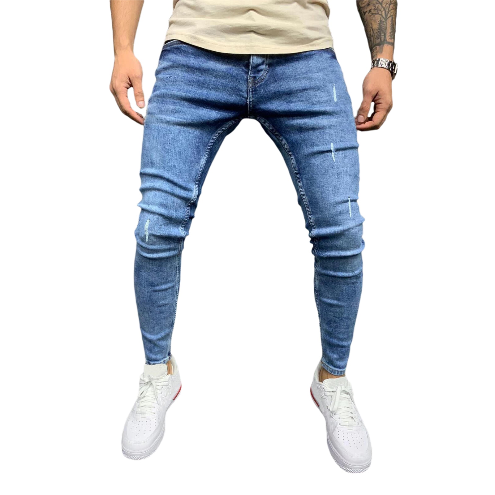 Stylish Men's Korean Jeans Slim Fit Skinny Lace Up Pencil Casual Trousers Pants 