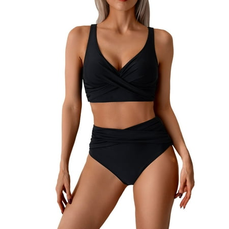 Hwmodou Bikini Sets For Women 2-Piece Sexy Belly Covering High Waist Bra And Thong Bathing Suit Monkini Beach Swimsuit