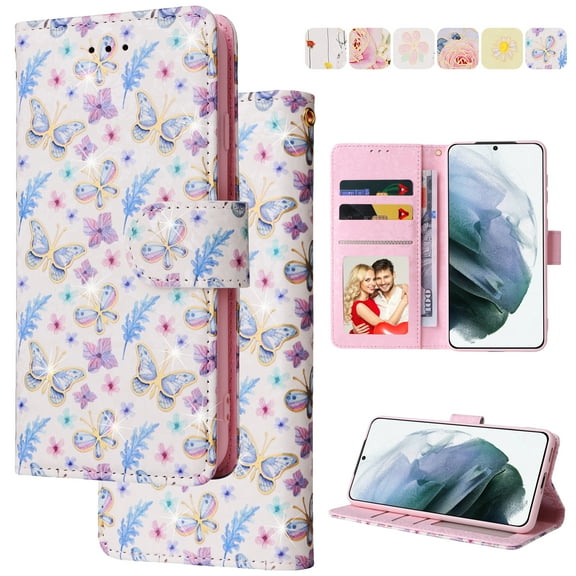 Wallet Case for Samsung S21 FE with RFID Blocking Credit Card Slots Holder, Cute Patterned Gold Brushing Magnetic Flip Kickstand Wrist Strap Cover for Samsung Galaxy S21 FE, Butterfly Flower