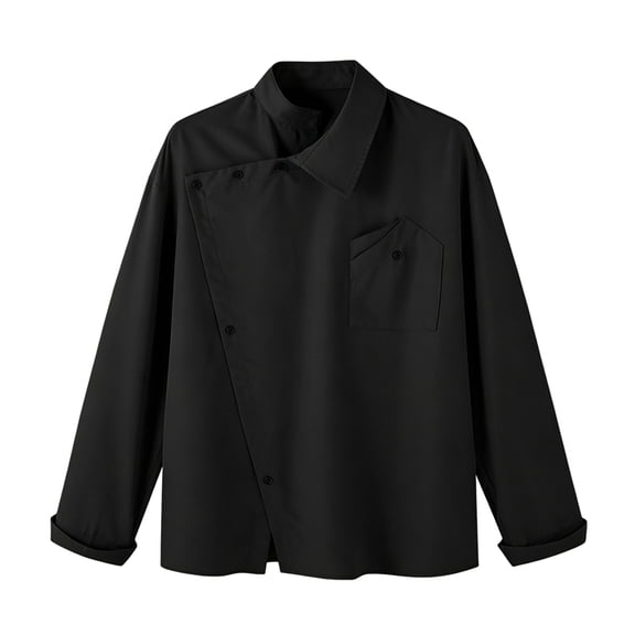 Men Irregular Asymmetric Oblique Placket Stand Collar Long Sleeve Dress Shirt Black S
