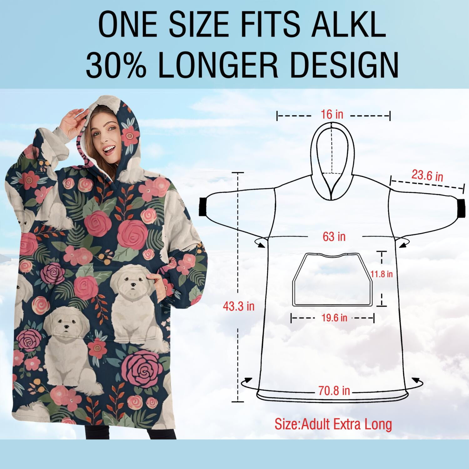 Oversized Wearable Blanket Hoodie,Shih Tzu Dog and Flower Floral Sherpa Blanket Hoodie with Super Pockets,Super Warm Fuzzy Pullover for Women & Men