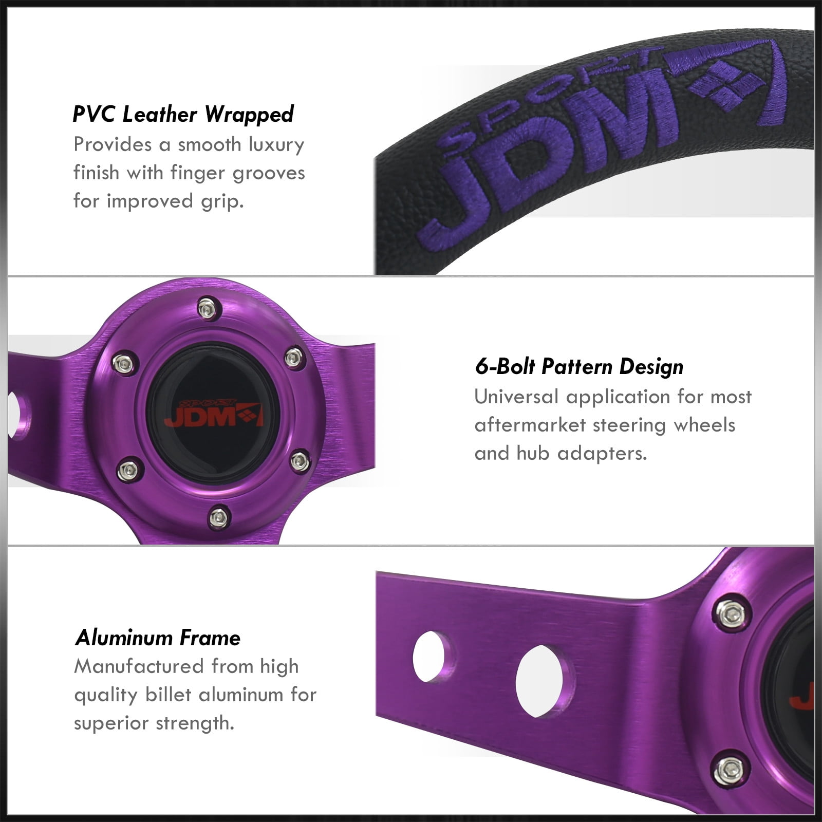 AJP Distributors Universal 350mm 14" Steering Wheel 6 Bolts Holes Black PVC Leather 4 Purple Pin Stripe Light Weight Aluminum 3 Spoke Center Deep Dish Horn Button Grip Stance JDM