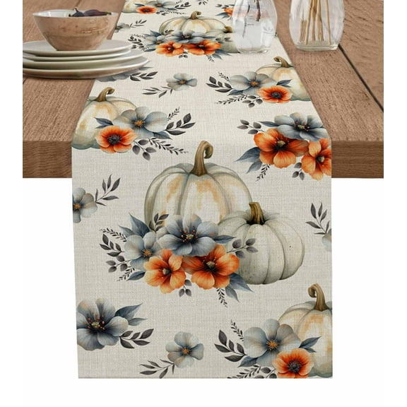 Thanksgiving Pumpkin Table Runner 120 Inches, Autumn Floral Vintage Farm Bed Runner Dresser Scarves Tabletop for Indoor Outdoor Parties/Ceremony/Banquet, 13"x 120"