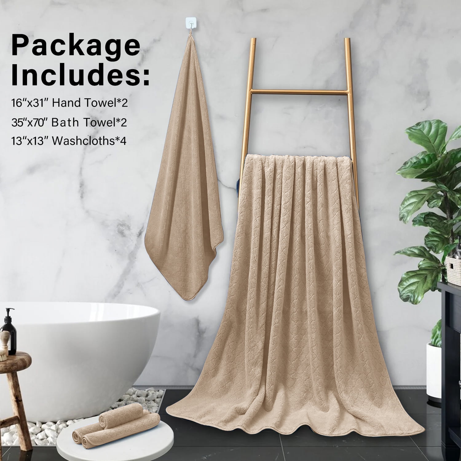 Beartech Microfiber 8 Piece Bath Towel Set,2 Bath Sheet,2 Hand Towel, 4 Washcloth,Quickly Dry & Super Absorbent,Ultra Soft Bathroom Towel Set,Oversized Shower Towel Luxury Hotel Towel-Camel