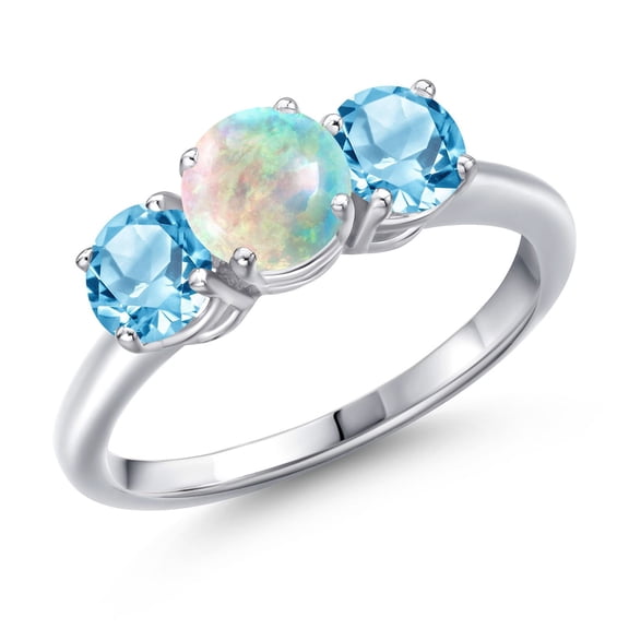 Gem Stone King 925 Sterling Silver Simulated White Opal and Swiss Blue Topaz Engagement Ring for Women | 1.60 Cttw | Round Cabochon 6MM | Gemstone October Birthstone | Size 6