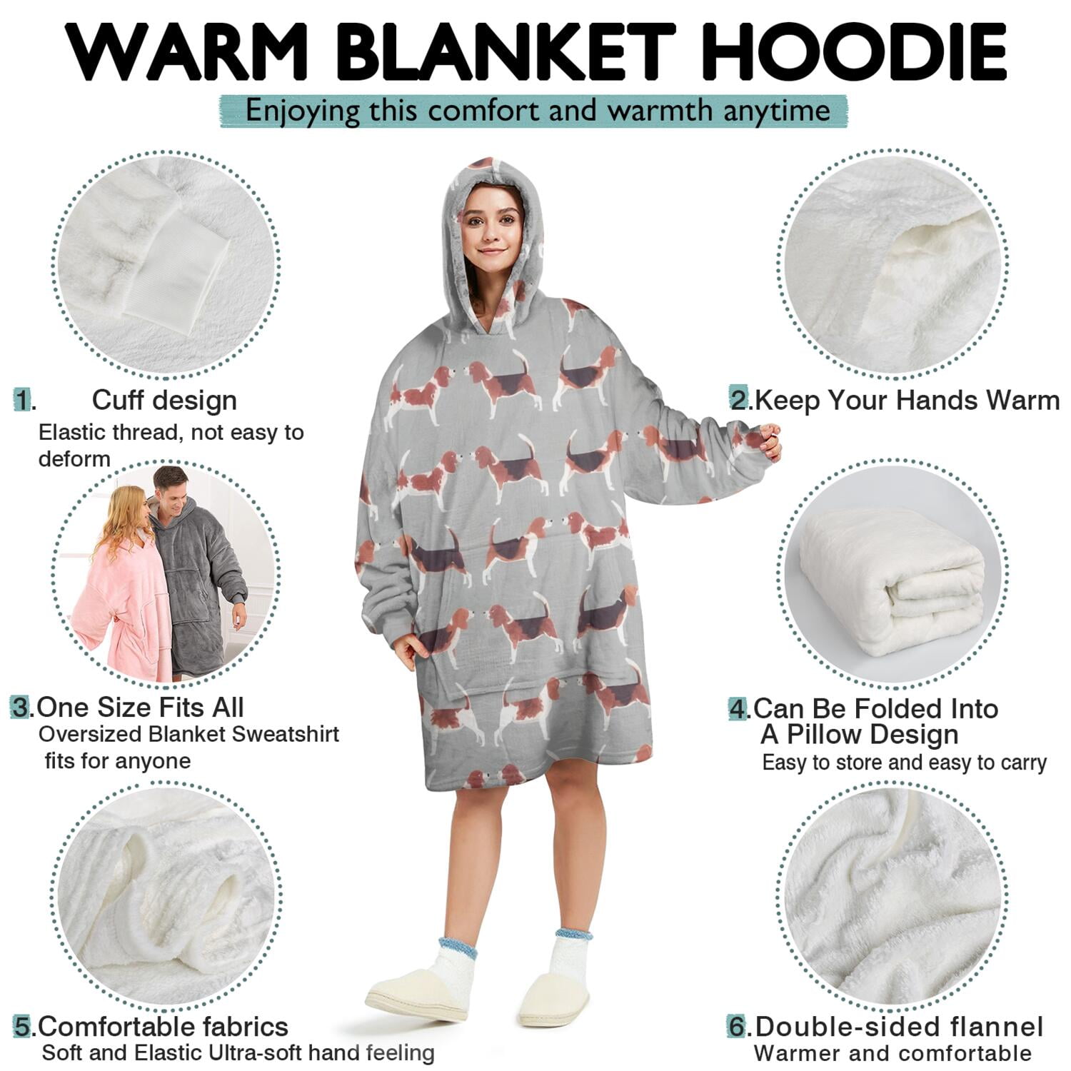 Animal Beagle Cute Dog Wearable Oversized Blanket,Wearable Blanket Hoodie for Adults,Cozy Hooded Blankets with Super Pockets,Super Warm Fuzzy Pullover for Women & Men