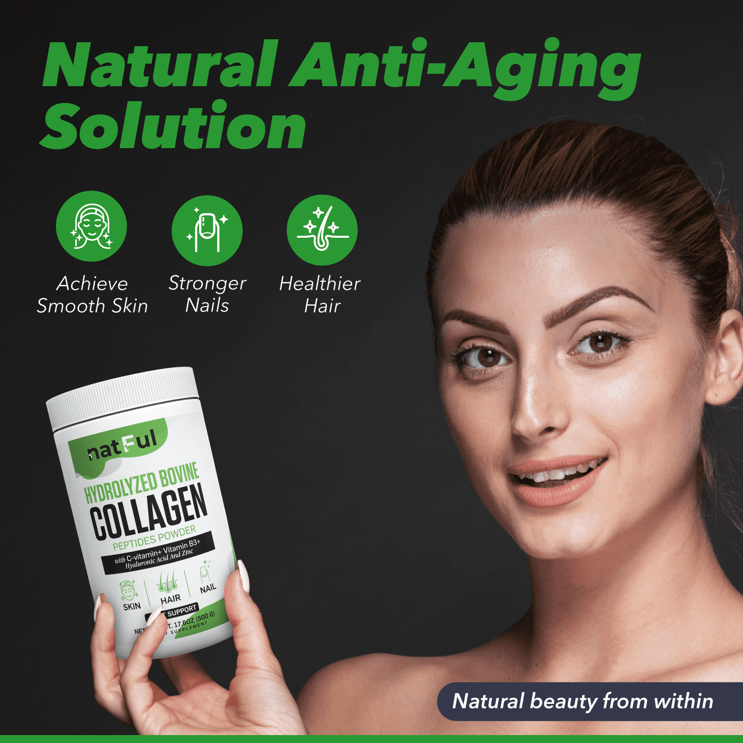 Natful Hydrolyzed Bovine Collagen Peptides Powder with Vitamin C, B3, Hyaluronic Acid, and Zinc - 45 Count