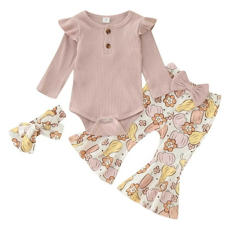 

Sobgg25 Infant Girls Long Sleeve Ribbed Romper Bodysuit Pumpkin Floral Prints Bell Bottoms Pants Outfits