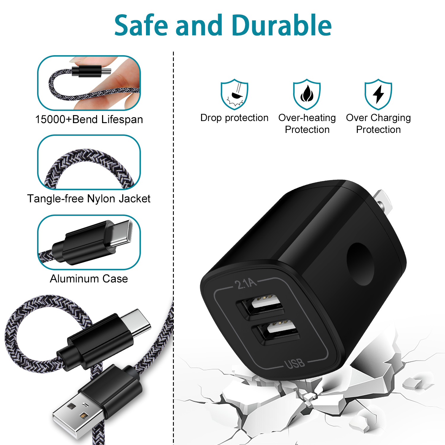 Hootek 2-Port USB-C Wall Charger with 2 Braided Cables, Black photo 4
