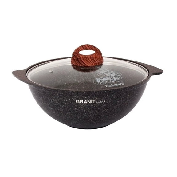 KUKMARA Aluminum Wok Kazan Cooking Pot with Lid 3.7 Qt (3.5 L) Granit Ultra Non-Stick Kazan for Making Pilaf with Glass Lid Camping Cookware Dutch Oven Kitchen Pot