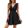 thumbnail image 2 of Women'S Summer Casual Babydoll Mini Dress Ruffle Sleeveless Deep V Neck High Waist Swing Tunic Dress Black S, 2 of 9