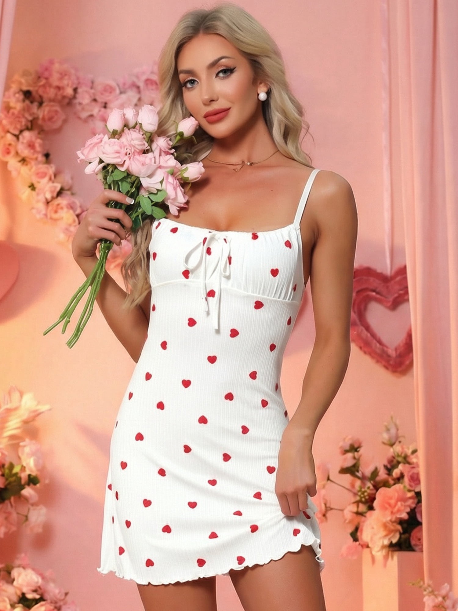 DARING DIVA Women's Ribbed Cute Print Bow Ruffle Hem Sleeveless Nightgowns XL Heart
