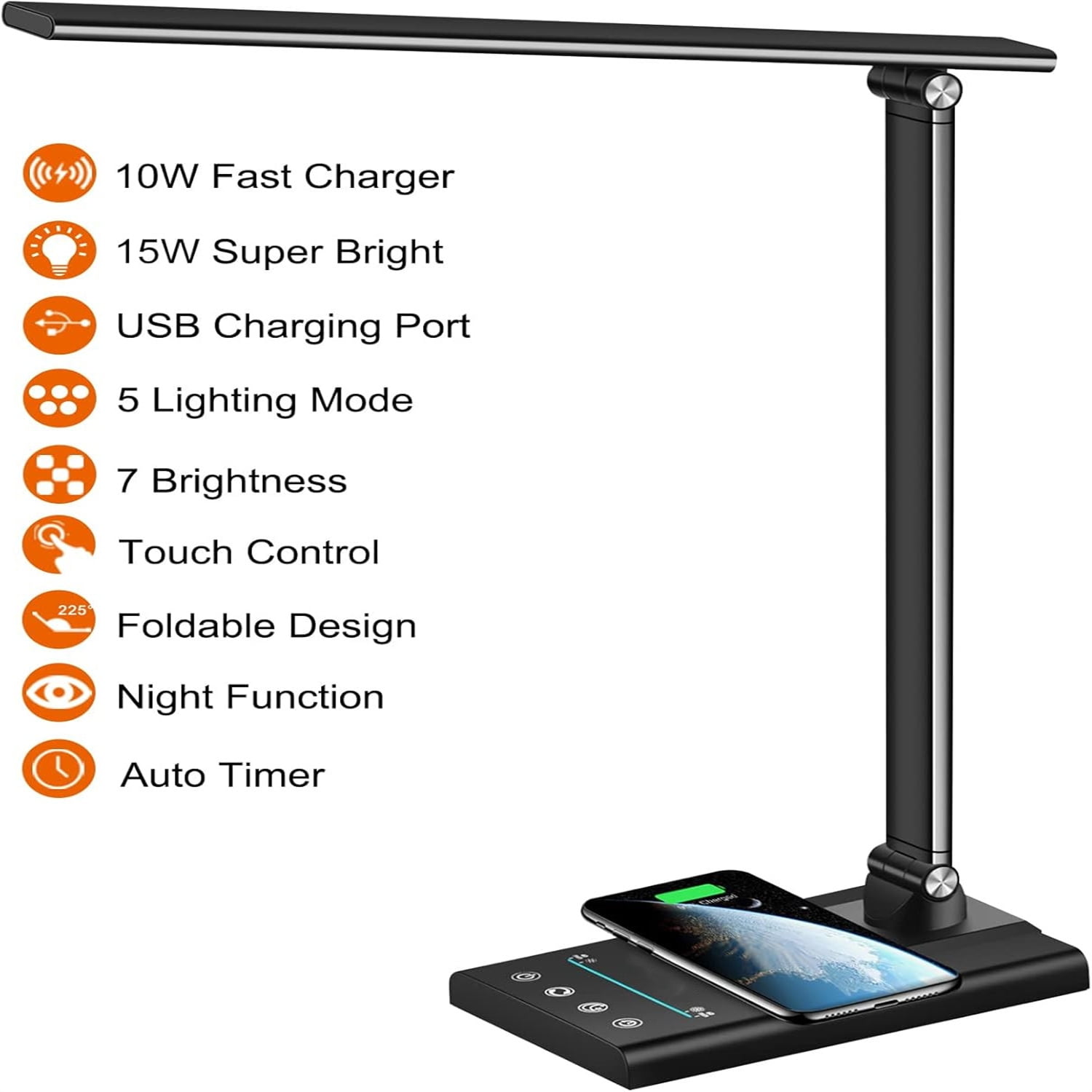 Multifunctional LED Desk Lamp with 10W Fast Wireless Charger, USB Charging Port,1800Lux Super Bright,5 Lighting Mode,7 Brightness, Touch Control, Auto Timer, 15W Office Table Lamp