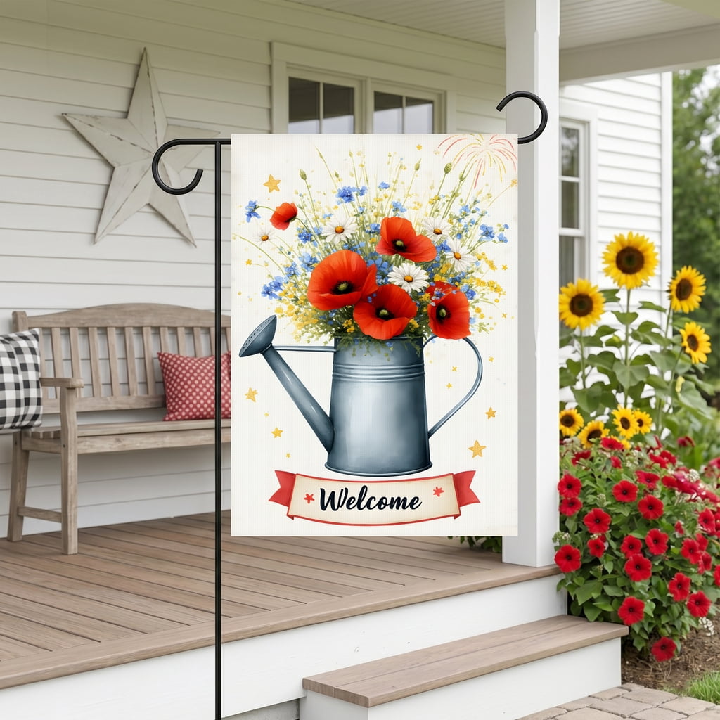 250 anniversary garden flag A watering can filled with red and white flowers. Welcome usa flag decor 28x40 Inch Decorative Size fourth of july decorations outdoor