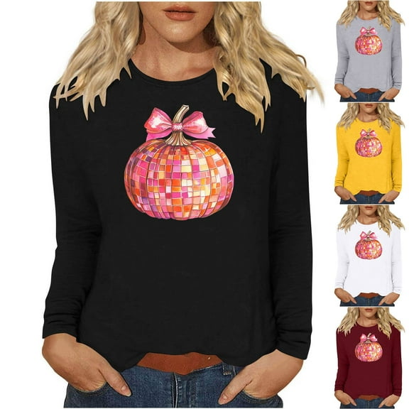 VKOYWKM Long Sleeve Fall Shirts Women Thanksgiving T Shirts Pumpkin Print Loose Fit Crew Neck Thankful Grateful Blessed Tops Funny Family Party Clothes