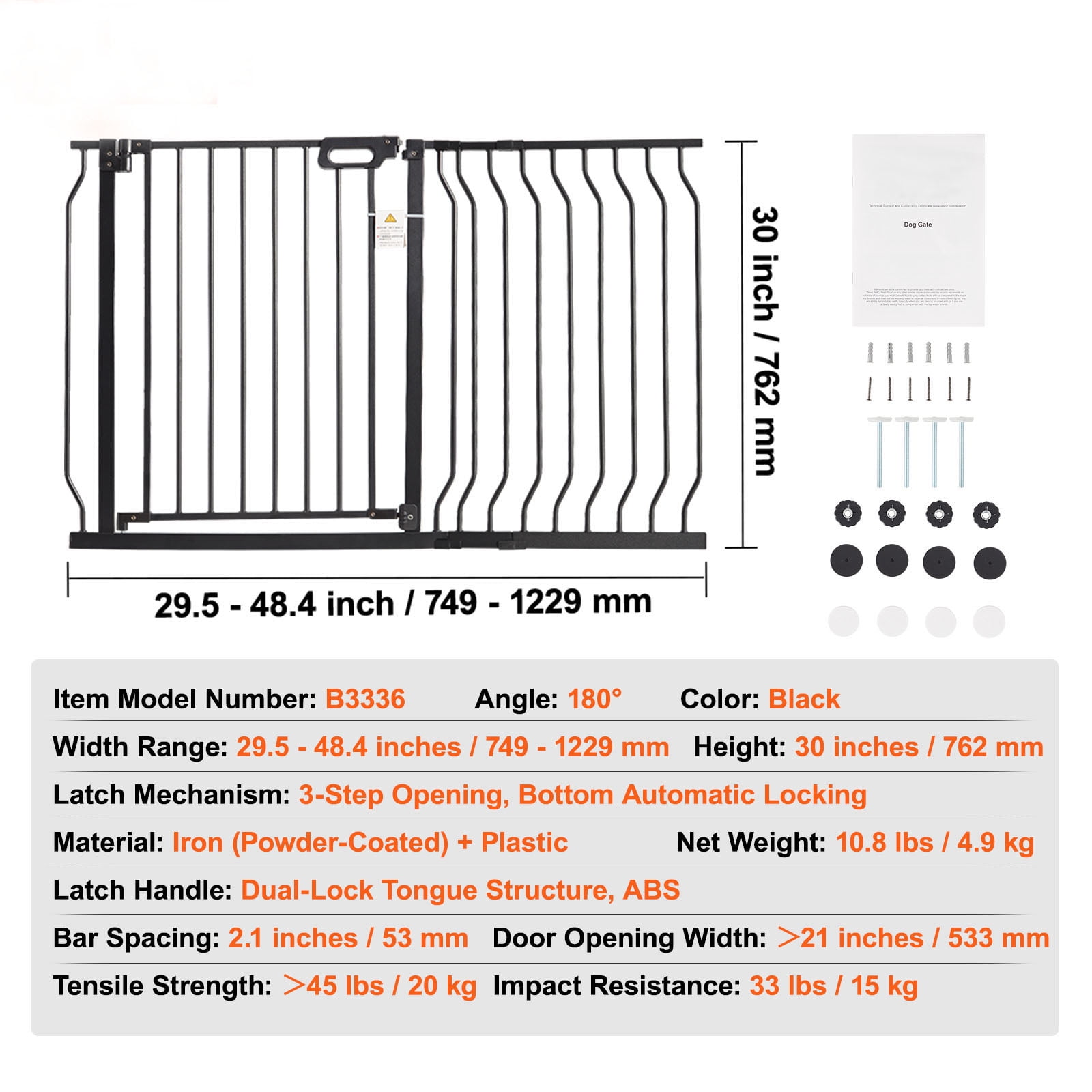 BENTISM 30" Extra Tall Baby Gate for Stairs Doorways, Fits Openings 29.5" to 48.4" Wide, Auto Close Extra Wide Dog Gate for House, Pressure Mounted Easy Walk Through Pet Gate with Door, Black