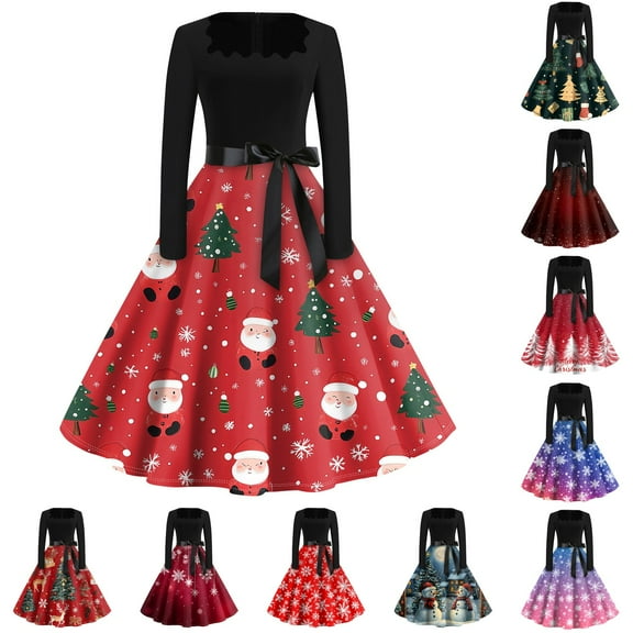 Christmas Dresses for Women Long Sleeve Flare Dress with Merry Christmas Print for Hollow Party Casual Square Collar Dresses,Blue,L