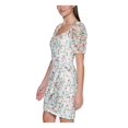 thumbnail image 3 of GUESS Womens White Zippered Sheer Lace Lined Tie Belt Darted Floral Pouf Sleeve Sweetheart Neckline Above The Knee Sheath Dress 4, 3 of 4