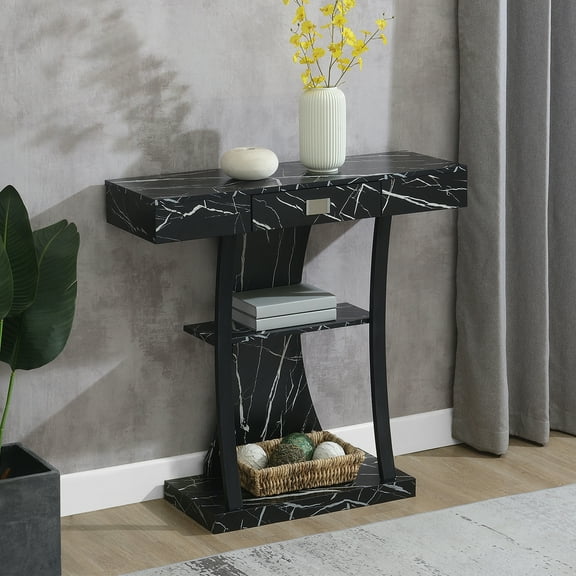 Convenience Concepts Newport 1 Drawer Harri Console Table with Shelves, Black Faux Marble