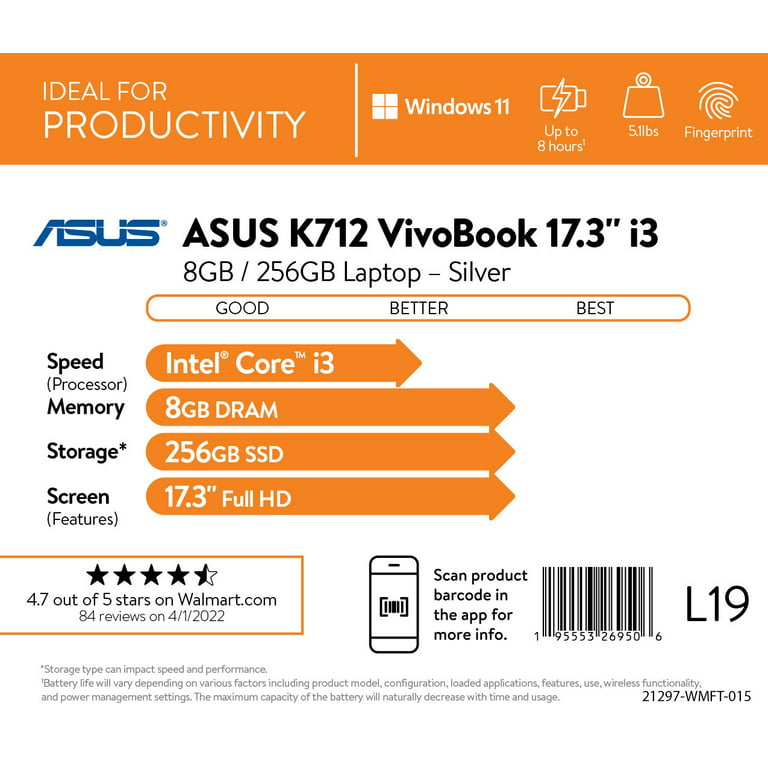 K712EA-WH34 FHD Transparent 11 256GB 8GB Laptop, Core i3-1115G4, Intel SSD, VivoBook17.3” Windows RAM, ASUS Silver, Home,