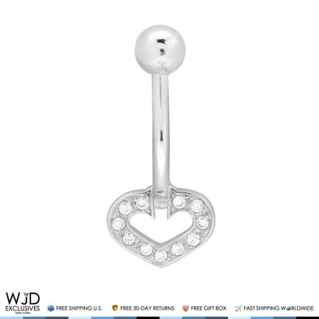 14k Solid White Gold 0.20Ct Created Diamond Heart Shape Belly Button Navel Ring