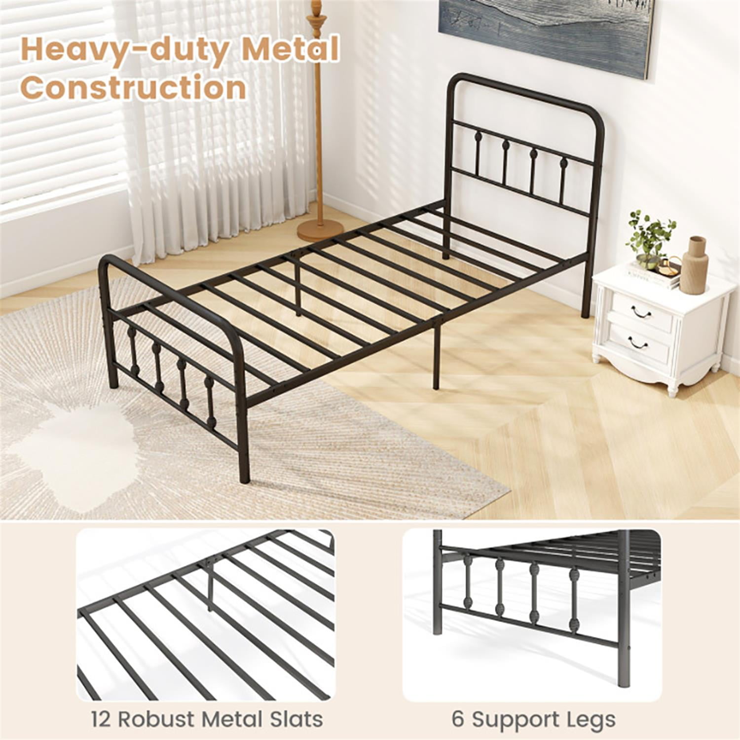 Demi Bonn Classic Metal Platform Bed Frame with Victorian Style Iron-Art Headboard/Footboard/Under Bed Storage/No Box Spring Needed/Twin Size, Black