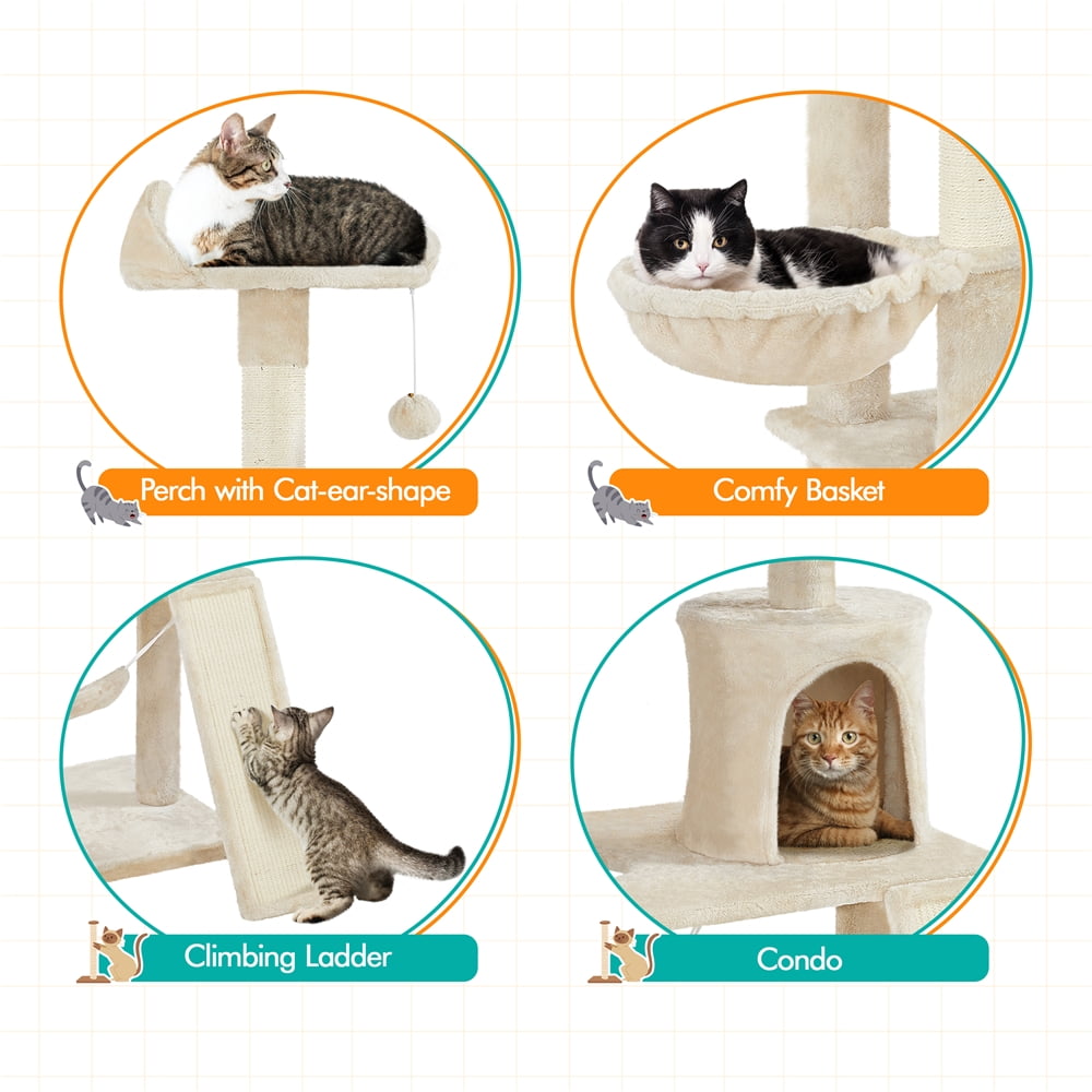 Alden Design 63″H Multi Level Cat Tree Condo with Basket & Hammock & Scratching Post, Beige