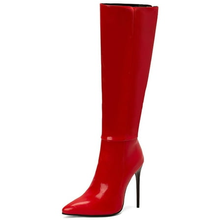 

SIMANLAN Womens Comfortable Knee High Boot Patent Leather Side Zip Tall Boots Work Pointed Toe Red 8