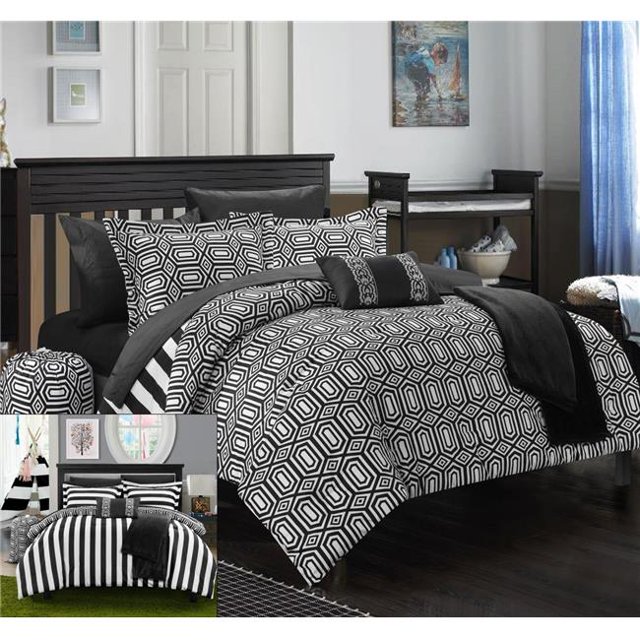 Chic Home CS4000-US Fontaine Reversible Geometric & Striped X-Long Comforter Set with Sheets - Black - Twin - 8 Piece