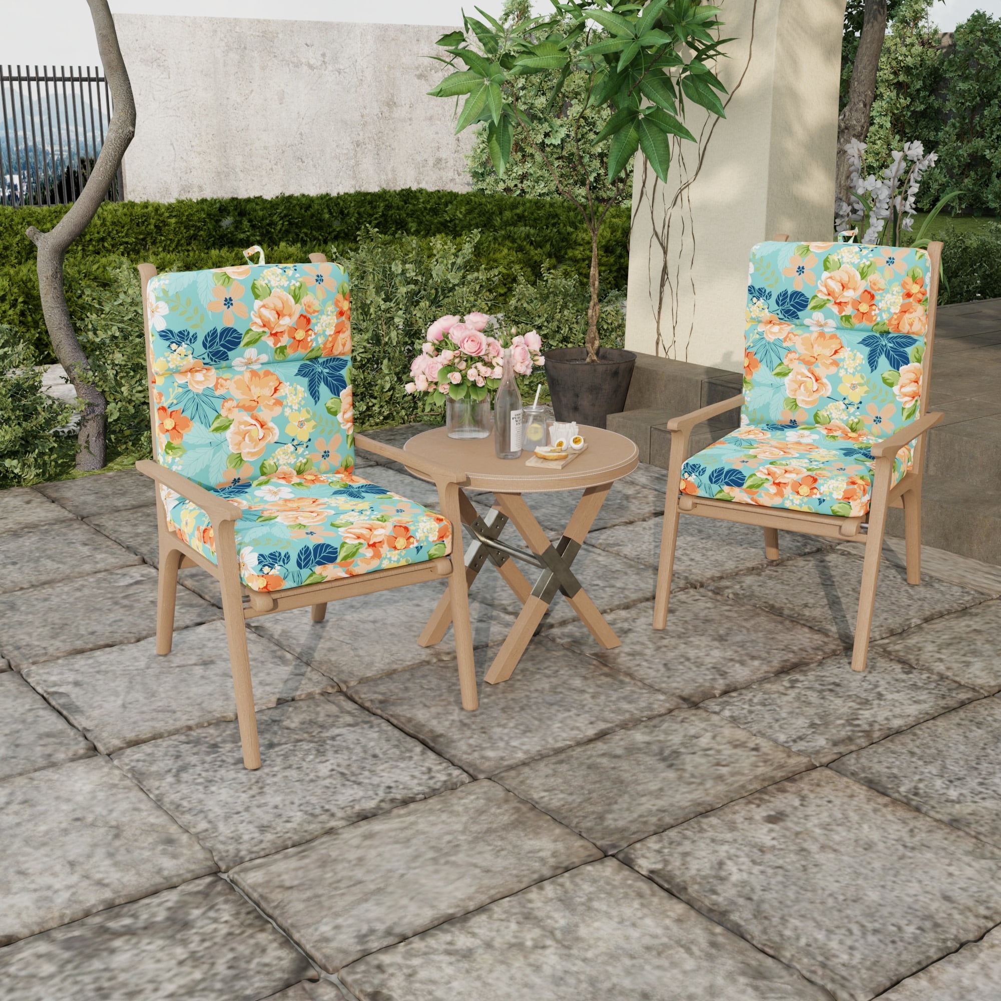 Jordan Manufacturing 44" x 22" Senorita Pelican Turquoise Floral Rectangular Outdoor Chair Cushion with Ties and Hanger Loop