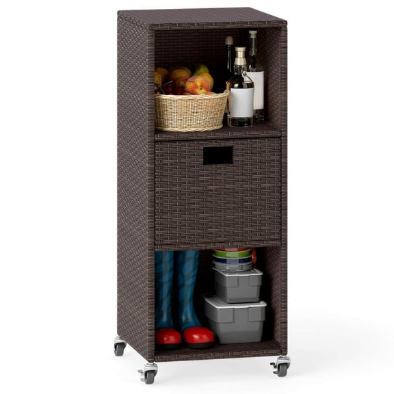 Costway Outdoor Storage Cabinet with Storage Shelves Drawer and Rolling Wheels for Porch