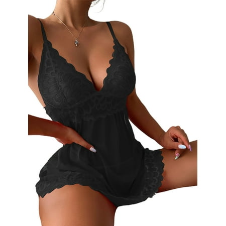 

Tapsier Womens Chemise Lace Lingerie Sexy Nightwear Strappy Babydoll Sleepwear Black
