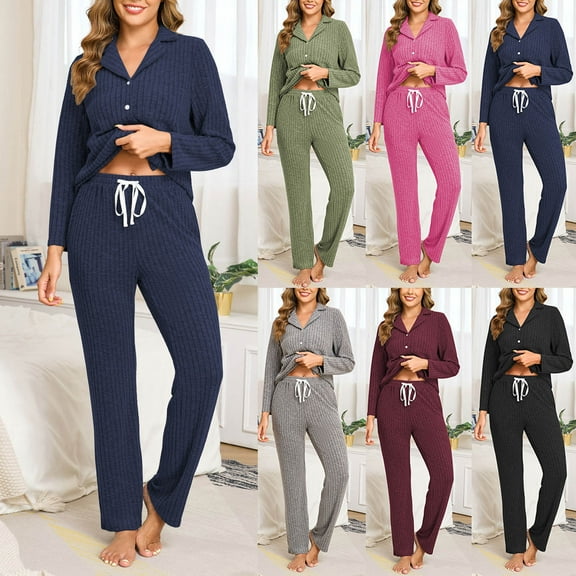 QNANSPI Pajama Sets for Women, Womens Long Sleeve Pajama Sets, Womens Solid Color Button Up Collared Top Drawstring Pants Sleepwear Outfit