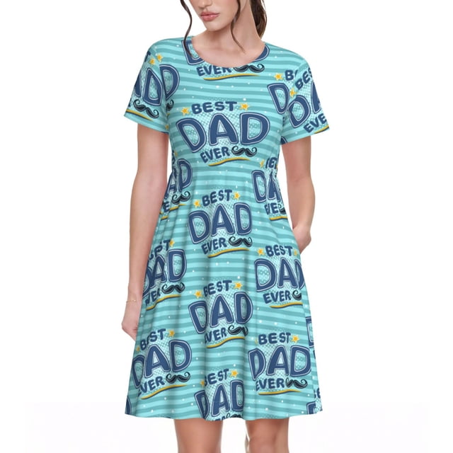 Disketp Best Dad Ever para Vestido de Manga Corta para Mujeres, Vestidos de Verano para Mujeres, Casual y Holgado para la Playa