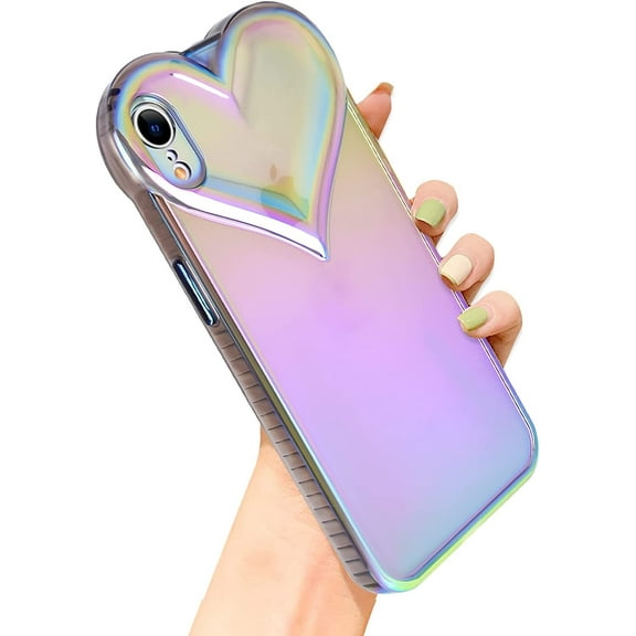 Compatible with iPhone XR Case for Women Girls,Soft TPU Love Heart Cute Case Clear Holographic Laser Gradient Camera Lens Protection Durable Shockproof Case Cover for iPhone XR