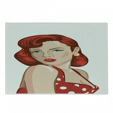 Pin up Girl Cutting Board, Vintage Portrait of a Ginger Lady with Retro Style Rolled Hair, Decorative Tempered Glass Cutting and Serving Board, in 3 Sizes, by Ambesonne