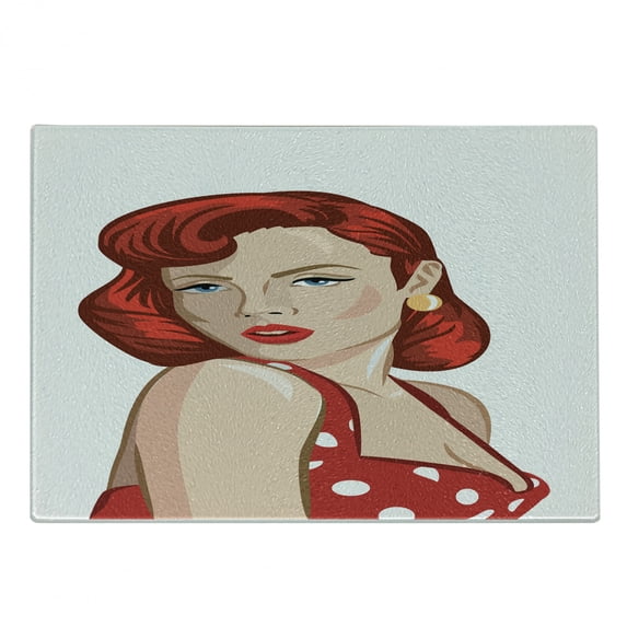 Pin up Girl Cutting Board, Vintage Portrait of a Ginger Lady with Retro Style Rolled Hair, Decorative Tempered Glass Cutting and Serving Board, in 3 Sizes, by Ambesonne
