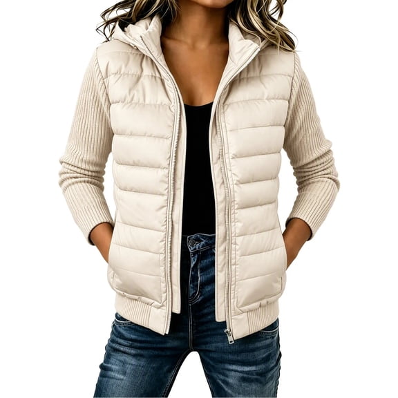 Women's Lightweight Hooded Puffer Warm Quilted Zip Up Knit Sleeve Jacket